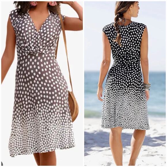 LASCANA Dresses & Skirts - LASCANA Polka Dot Faux Wrap Midi Dress 6 Brown White Retro Pinup